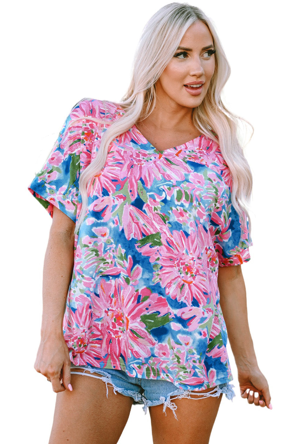 Pink Floral Print Loose Fit V Neck Top