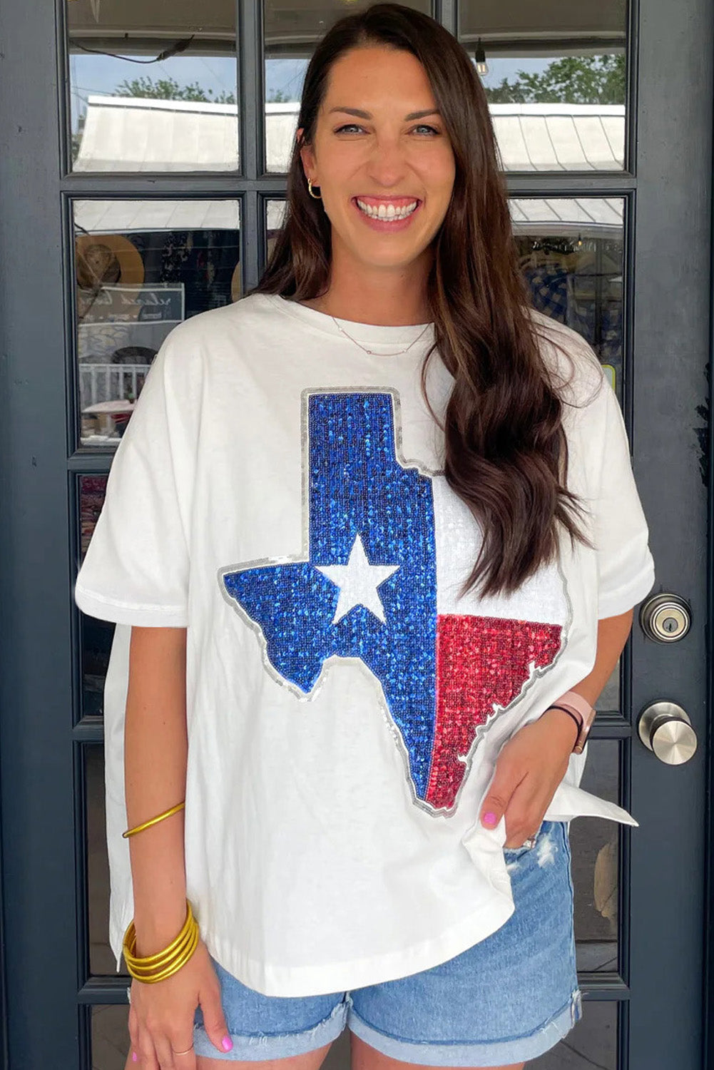 White Sequined Texas Graphic Plus Size Top