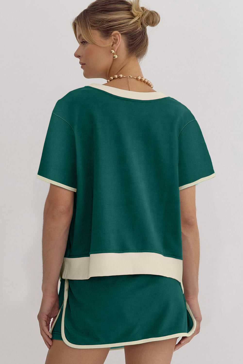 Evergreen Colorblock Edge Drop Shoulder Top and Skort-2Pcs Set