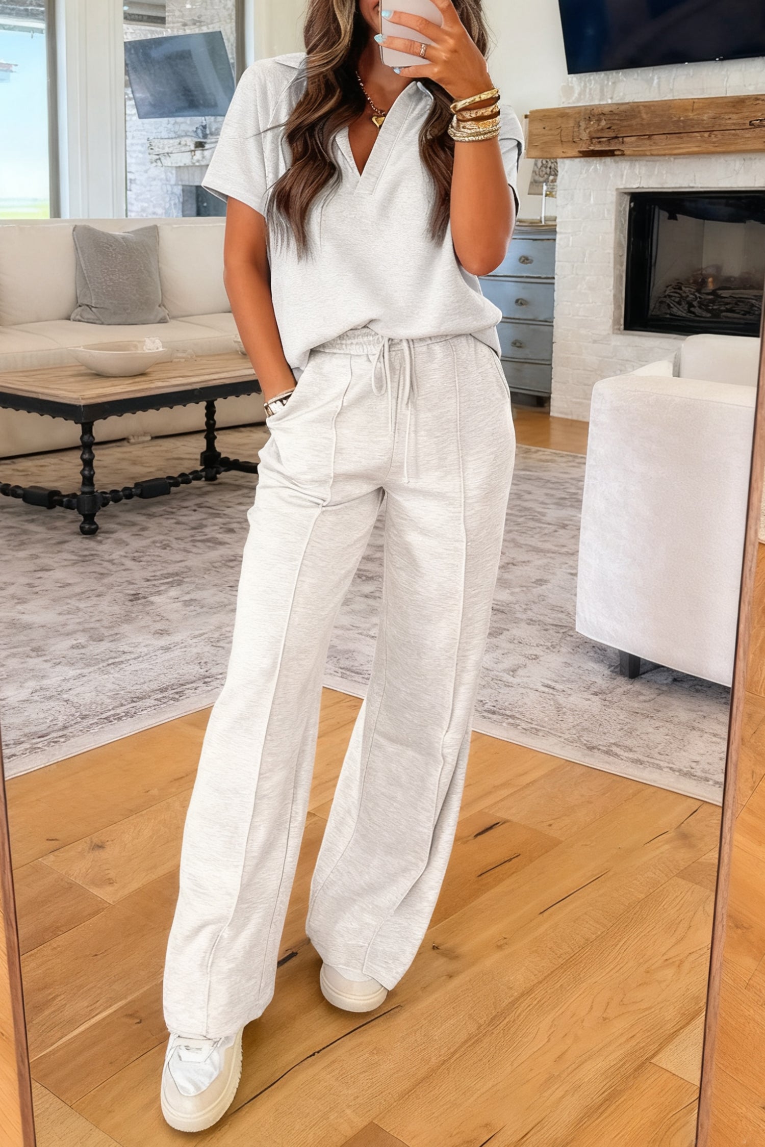 Light grey polo tee and casual pant set by Lavender Lane Clothing, two-piece outfit for everyday comfort.