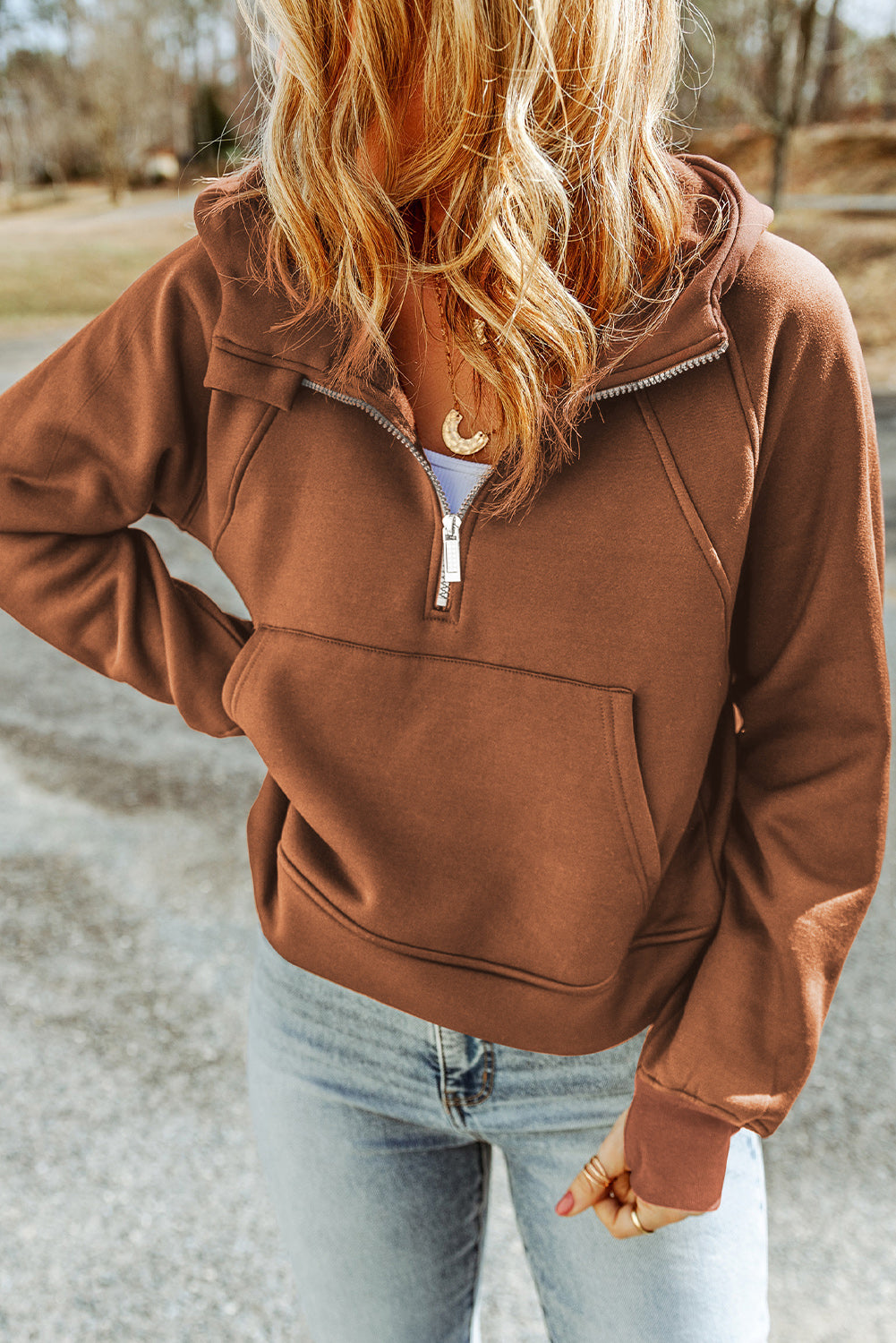 Brown Quarter Zip Kangaroo Pocket Hoodie