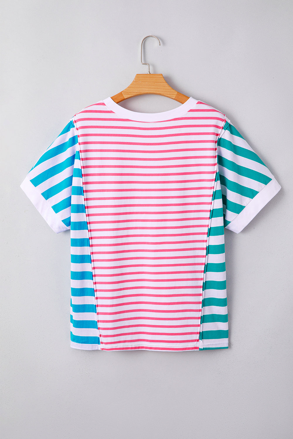 Pink Stripe Mixed Pattern Patchwork Uneven Hem Loose Top