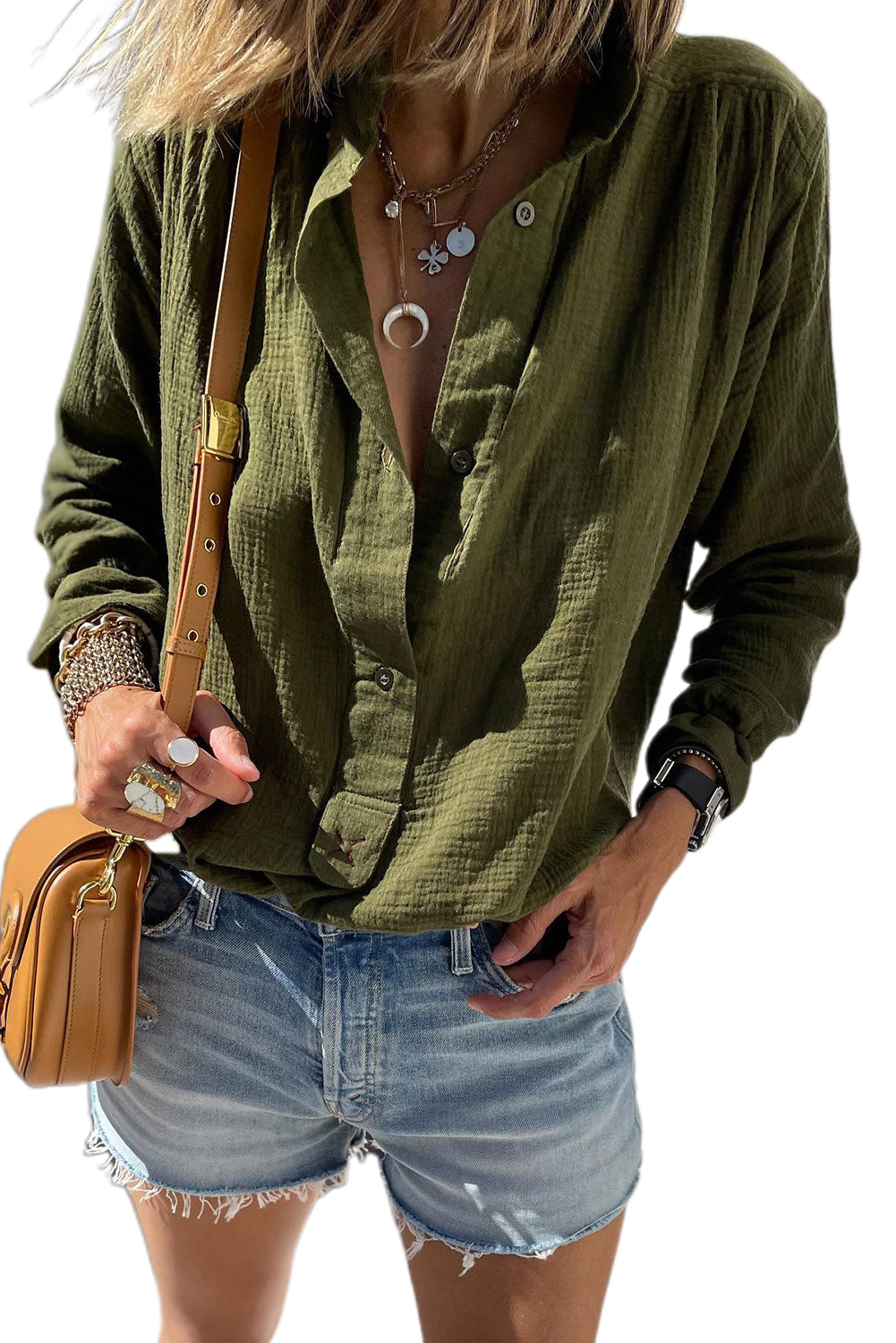 Jungle Green Crinkle Textured Button Up Long Sleeve Shirt