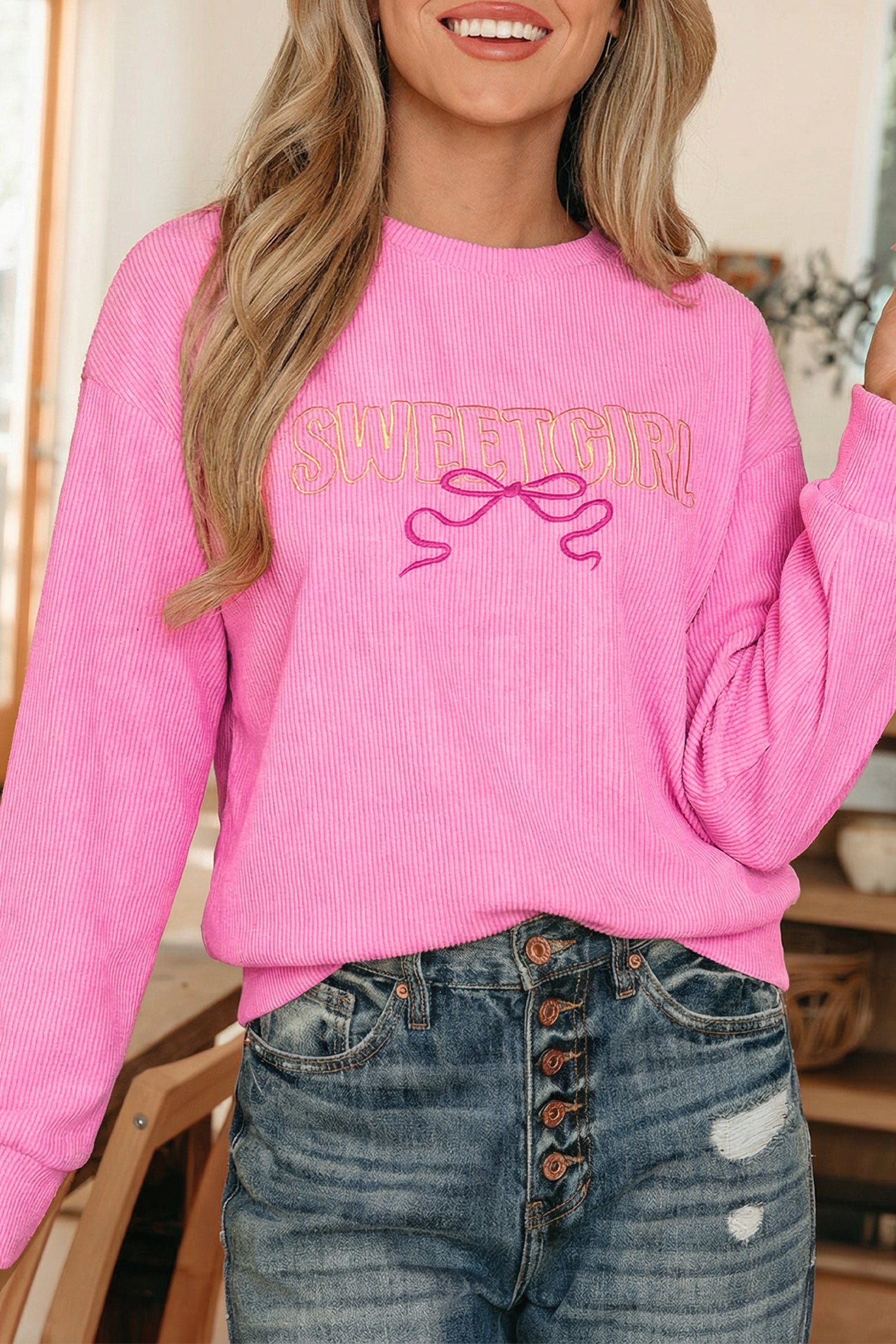 Lavendar Lane Clothing Bonbon Sweet Girl embroidered graphic rib textured top in pastel colors, displayed on a mannequin.