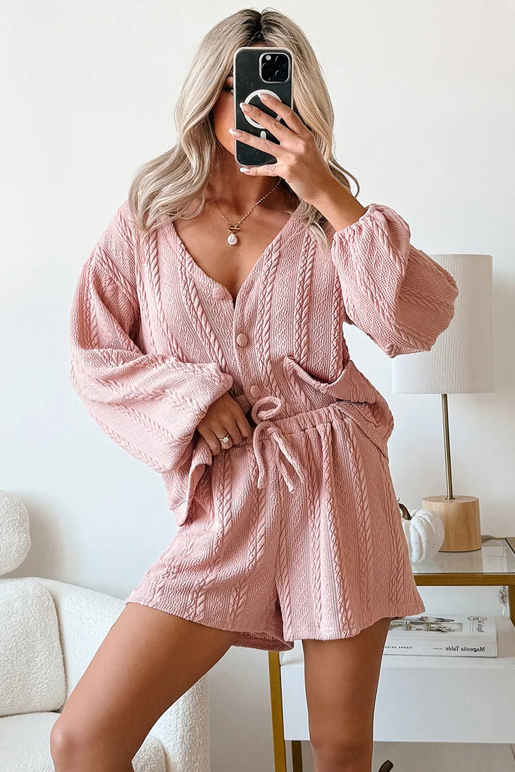Lavendar Lane Pink cable knit V-neck cardigan and shorts set, two-piece loungewear with cozy textured fabric and relaxed fit.