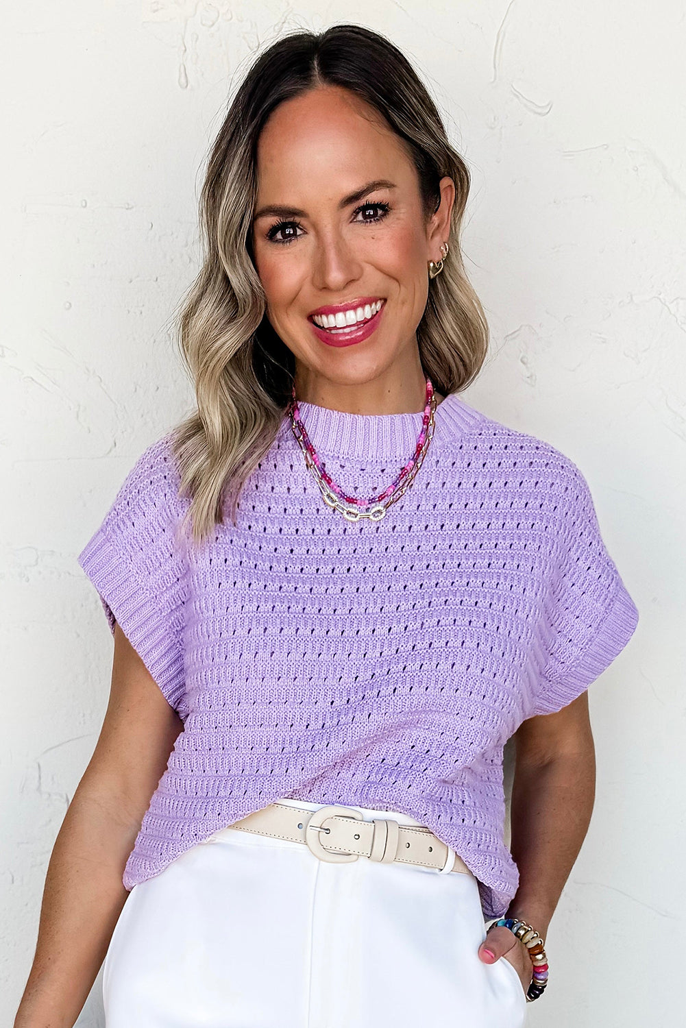 Lavender Pointelle knit Ribbed Trim Short Sleeve Sweater