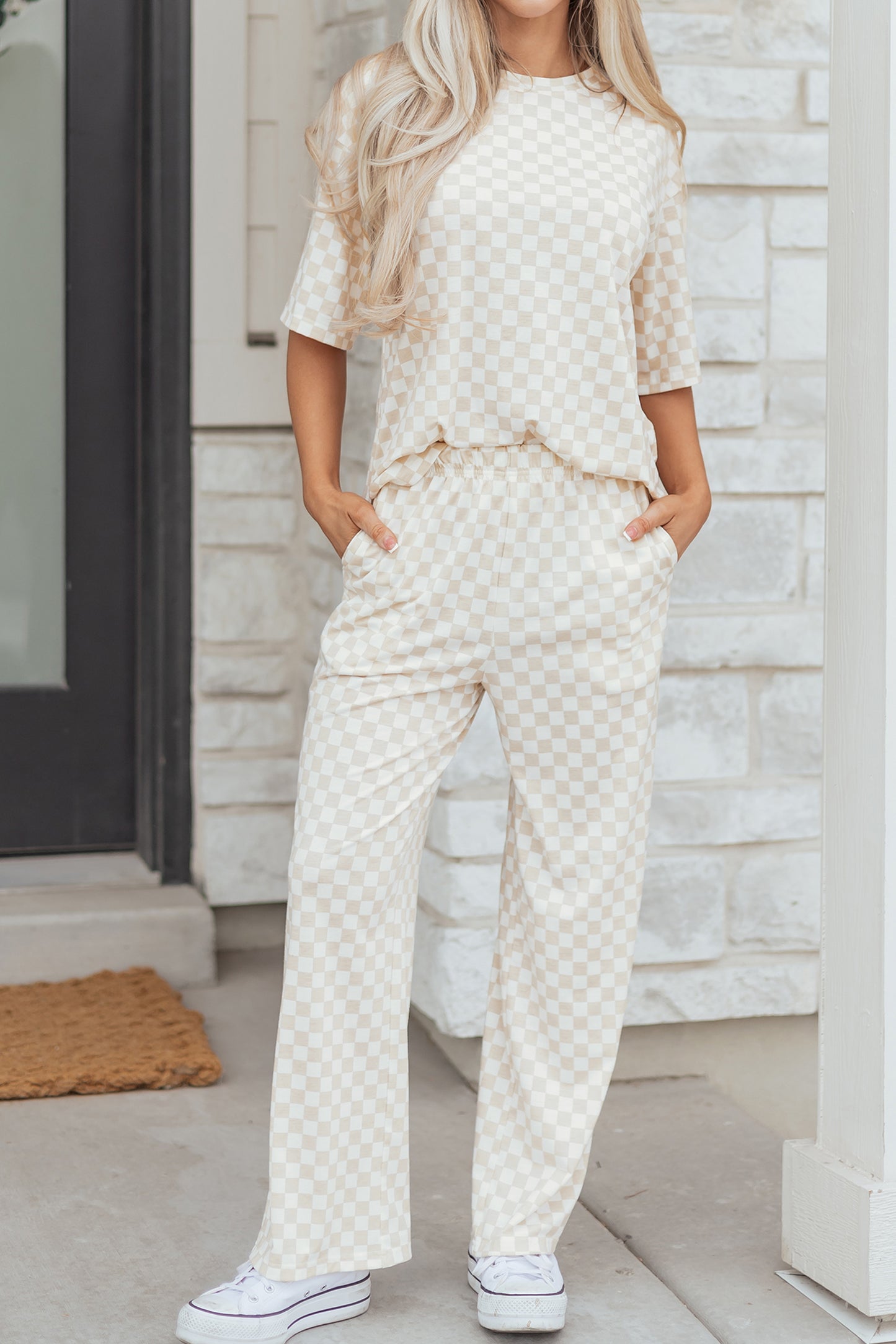 Lavender Lane Clothing khaki checkered half sleeve tee and lounge pants set, comfortable loungewear for relaxing or sleep.