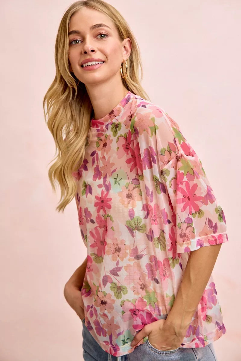 Lavendar Lane Clothing floral print short sleeve mesh blouse with boxy fit, lightweight and stylish for casual wear.