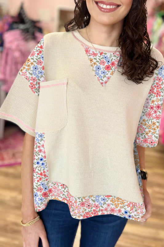 Beige Floral Patchwork Chest Pocket Wide Sleeve Waffle Top
