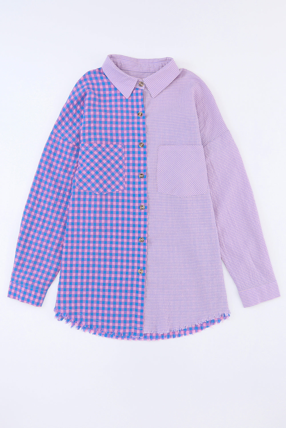 Purple Mixed Plaid Button Down Long Sleeve Chest Pocket Shirt