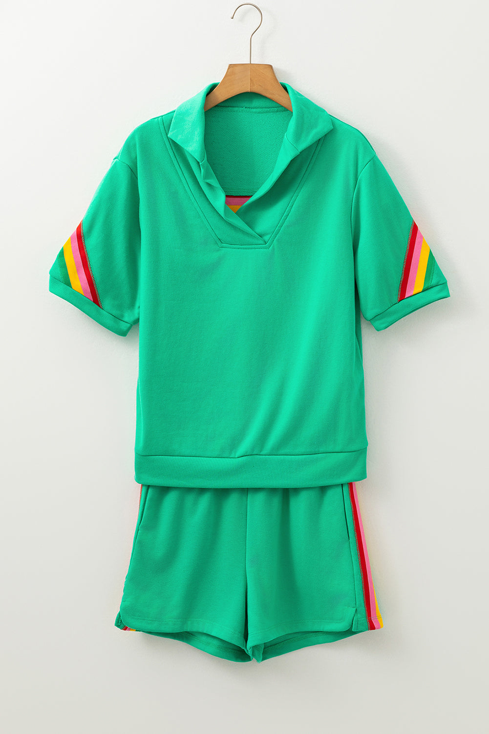 Sea green rainbow colorblock collared short sleeve top with matching shorts set by Lavender Lane Clothing, casual summer two-piece outfit.