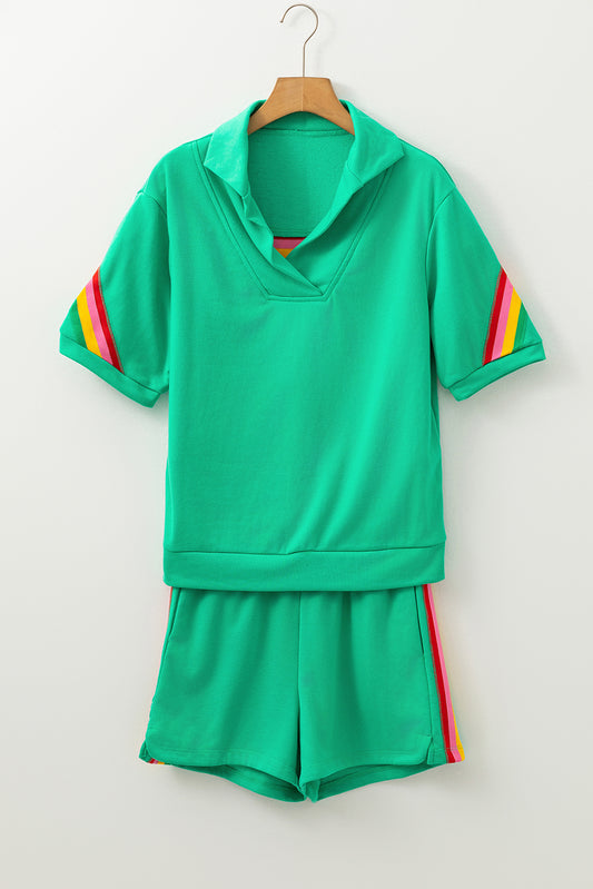 Sea green rainbow colorblock collared short sleeve top with matching shorts set by Lavender Lane Clothing, casual summer two-piece outfit.