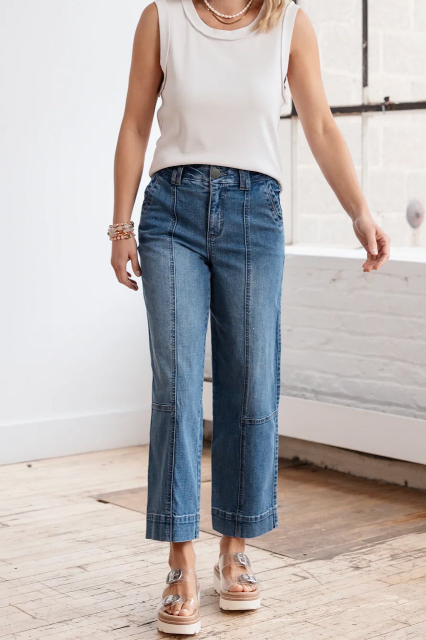 Lavendar Lane Clothing Sail Blue straight jeans with exposed stitching, casual denim bottoms featuring a classic fit.
