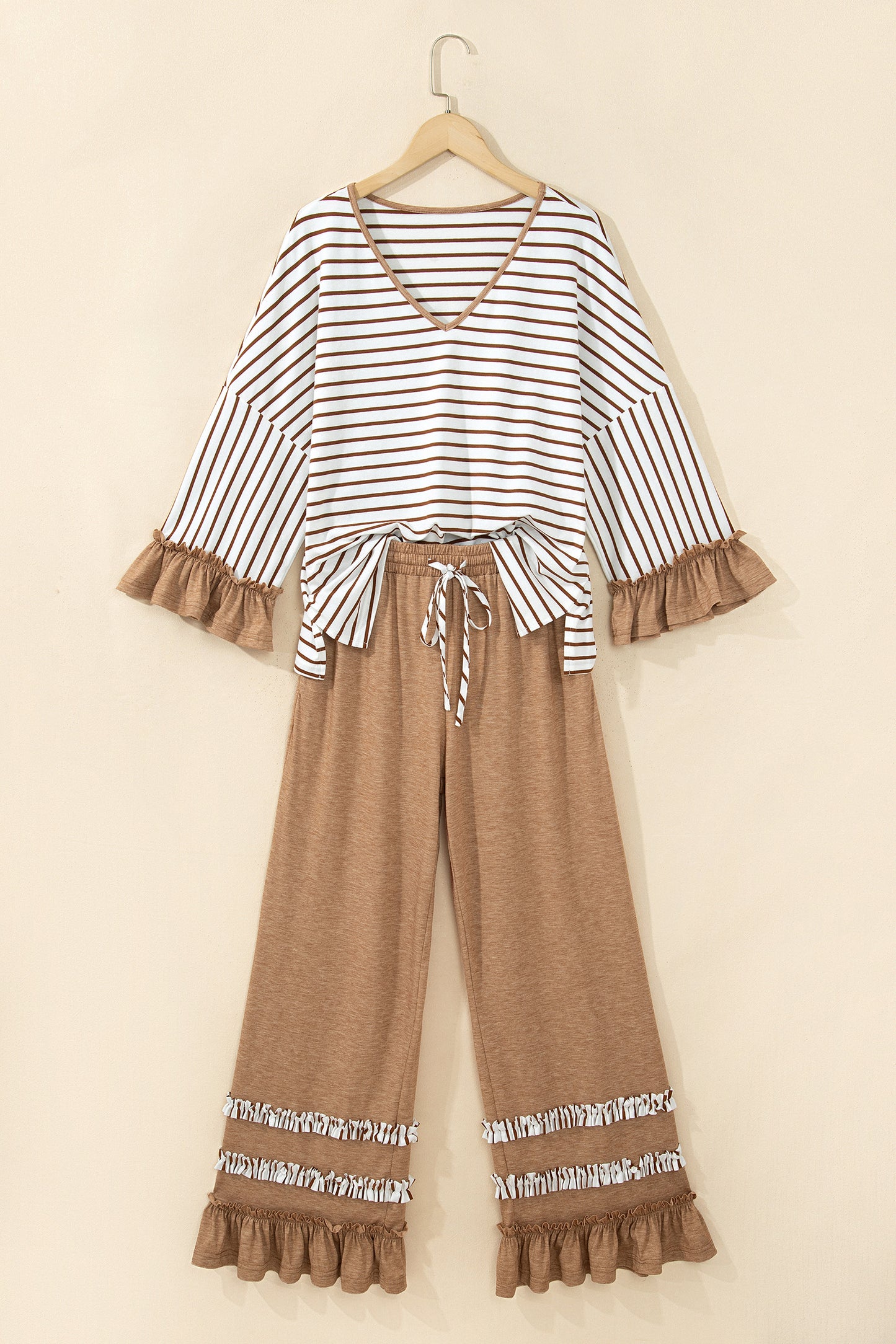 Khaki Stripe V Neck Ruffle Contrast Sleeve Top Drawstring Pants 2pcs Set