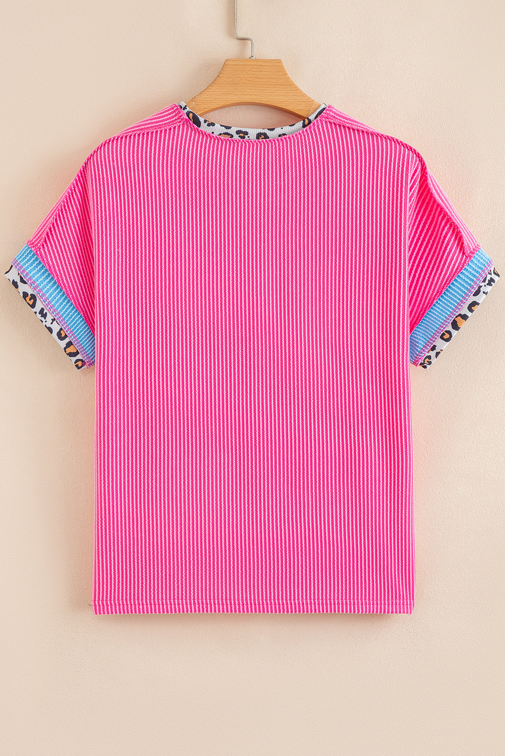Bonbon Leopard Patchwork Corded Knit Crew Neck Top