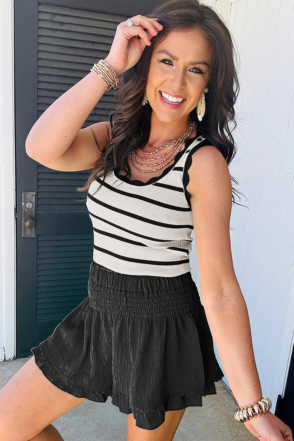 Black Striped Scalloped Edge U Neck Sleeveless Sweater Vest - Lavendar Lane Clothing