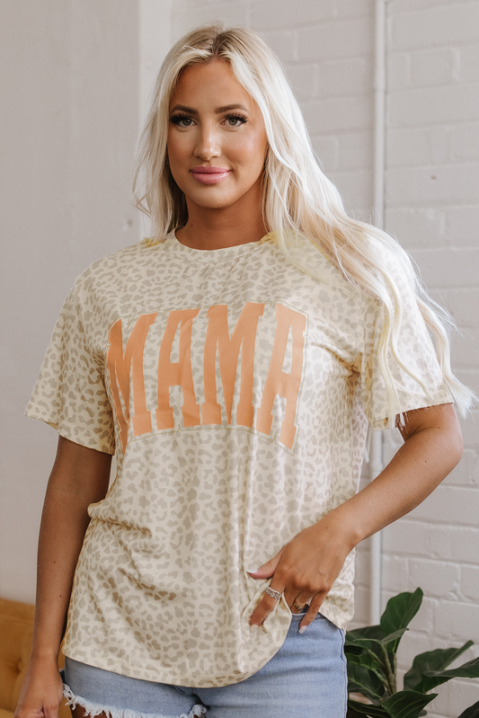 Yellow MAMA Letter Graphic Leopard Loose Tee Shirt