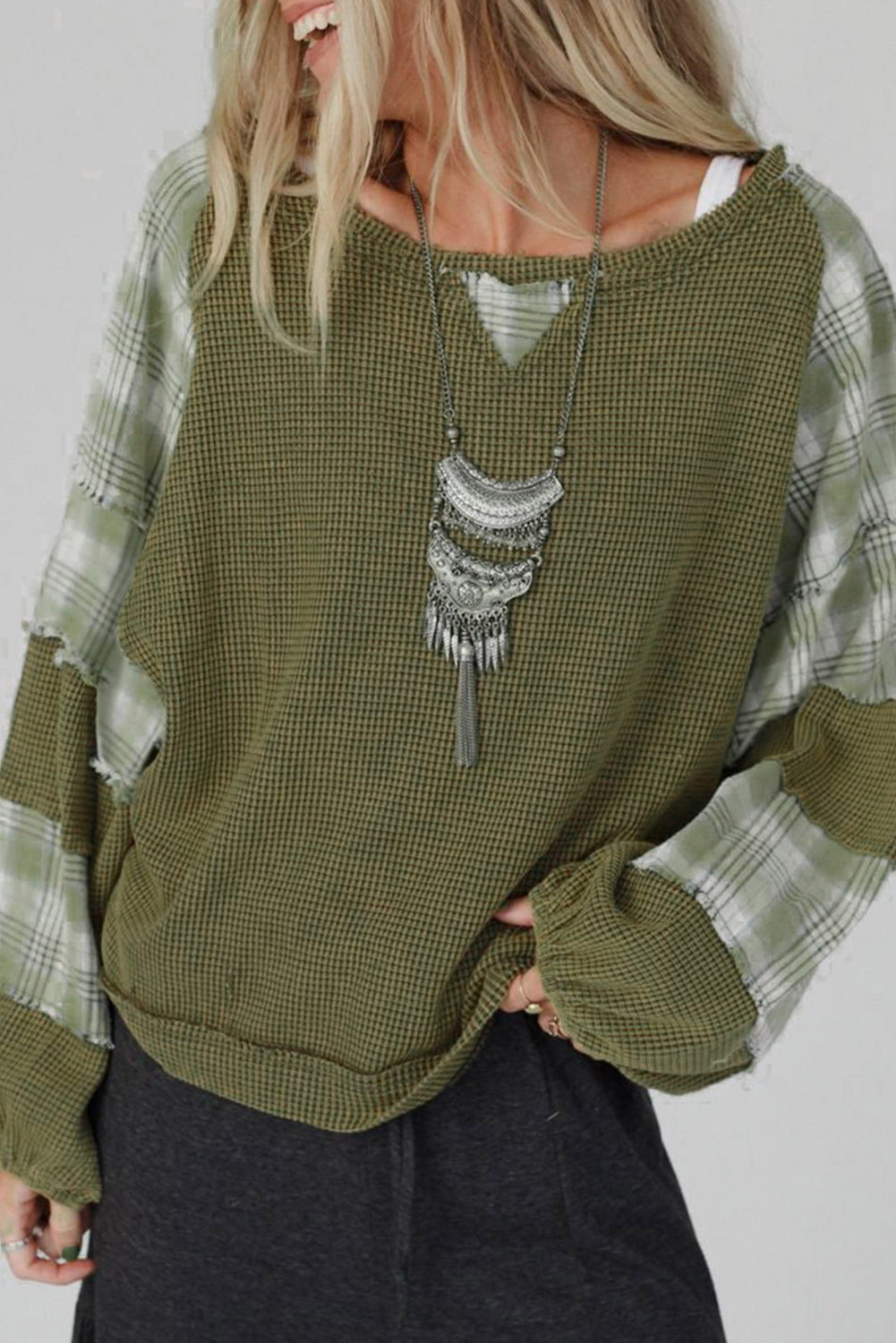 Green Plaid Patch Waffle Knit Exposed Seam Bubble Sleeve Top