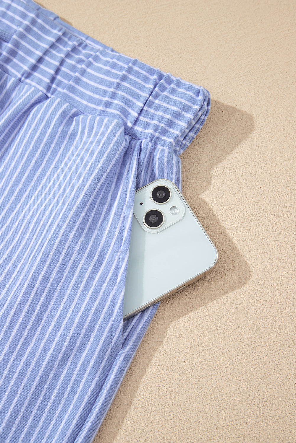 Sky blue stripe dolman sleeve polo shirt with matching drawstring shorts, casual two-piece set from Lavender Lane Clothing