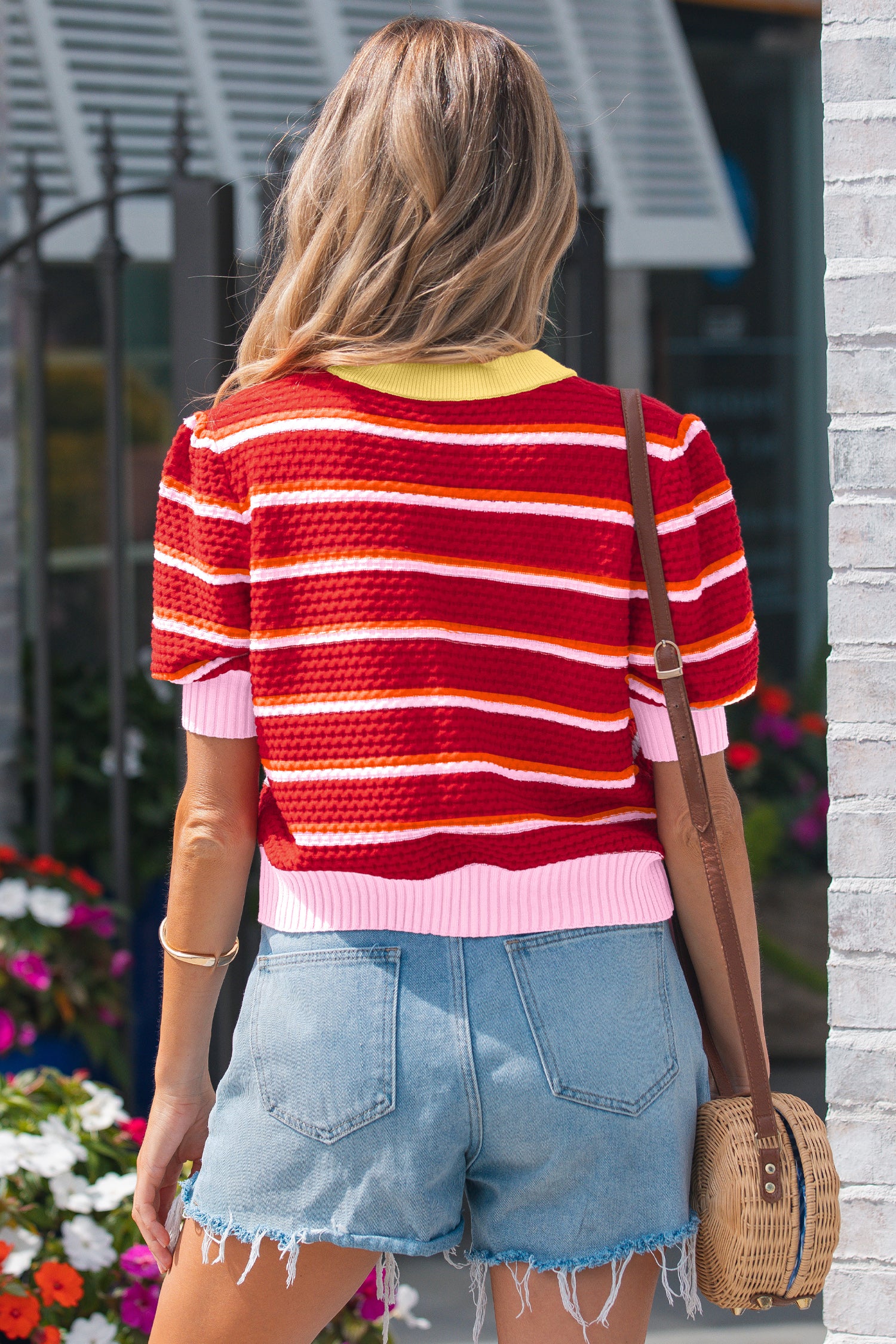 Lavendar Lane Clothing red colorblock half sleeve sweater top with trim, short sleeve design, casual knit sweater for women.