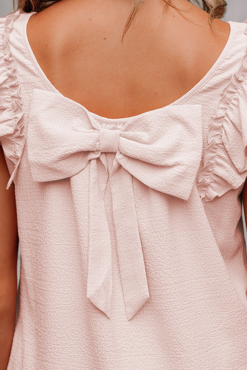 Light Pink Textured Flutter Sleeve Square Neck Bow Back Dress