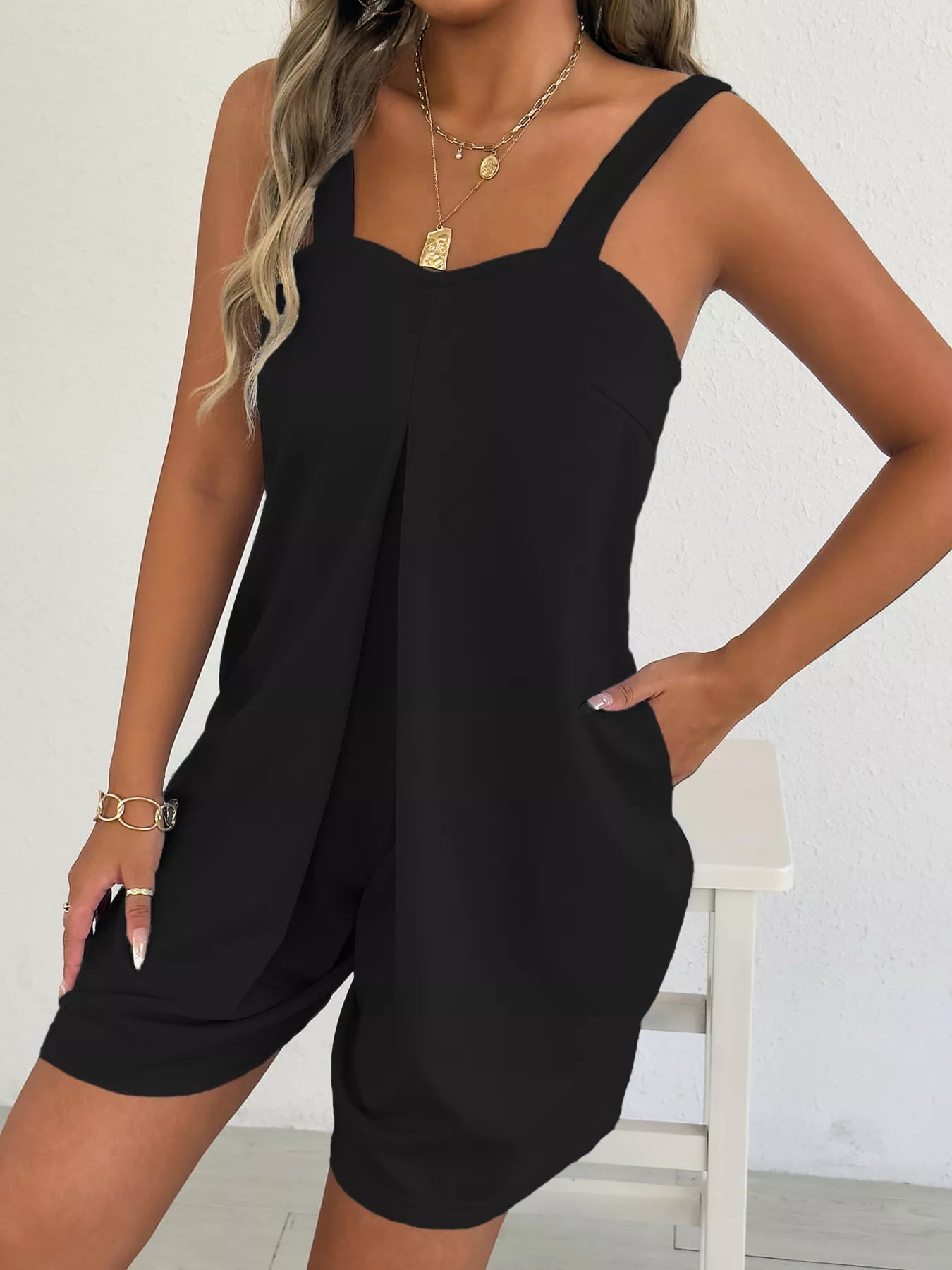 Lavendar Lane Clothing sleeveless casual romper with side pockets, lightweight and stylish for warm weather.