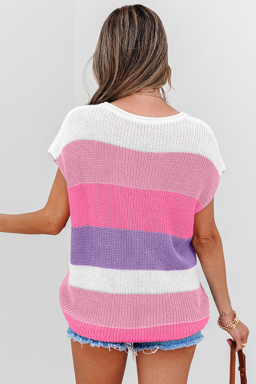 Pink Color Block Notch V Neck Sweater Top