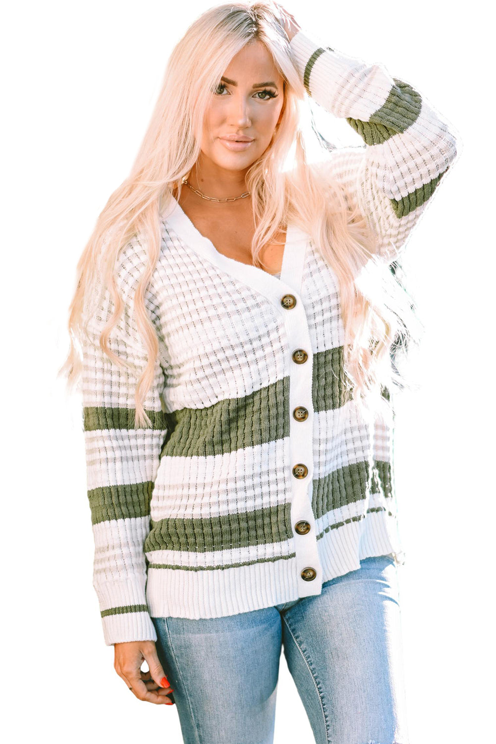 Green Colorblock Textured Knit Buttoned Cardigan