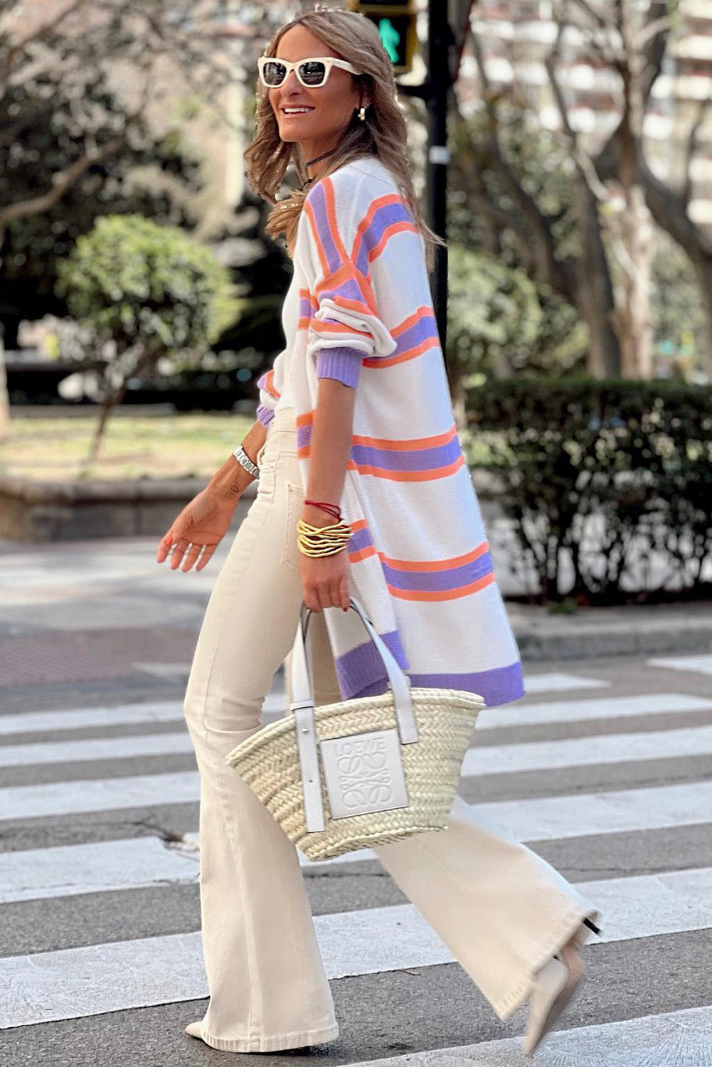 Beige Striped Long Sleeve Ribbed Trim Button Cardigan