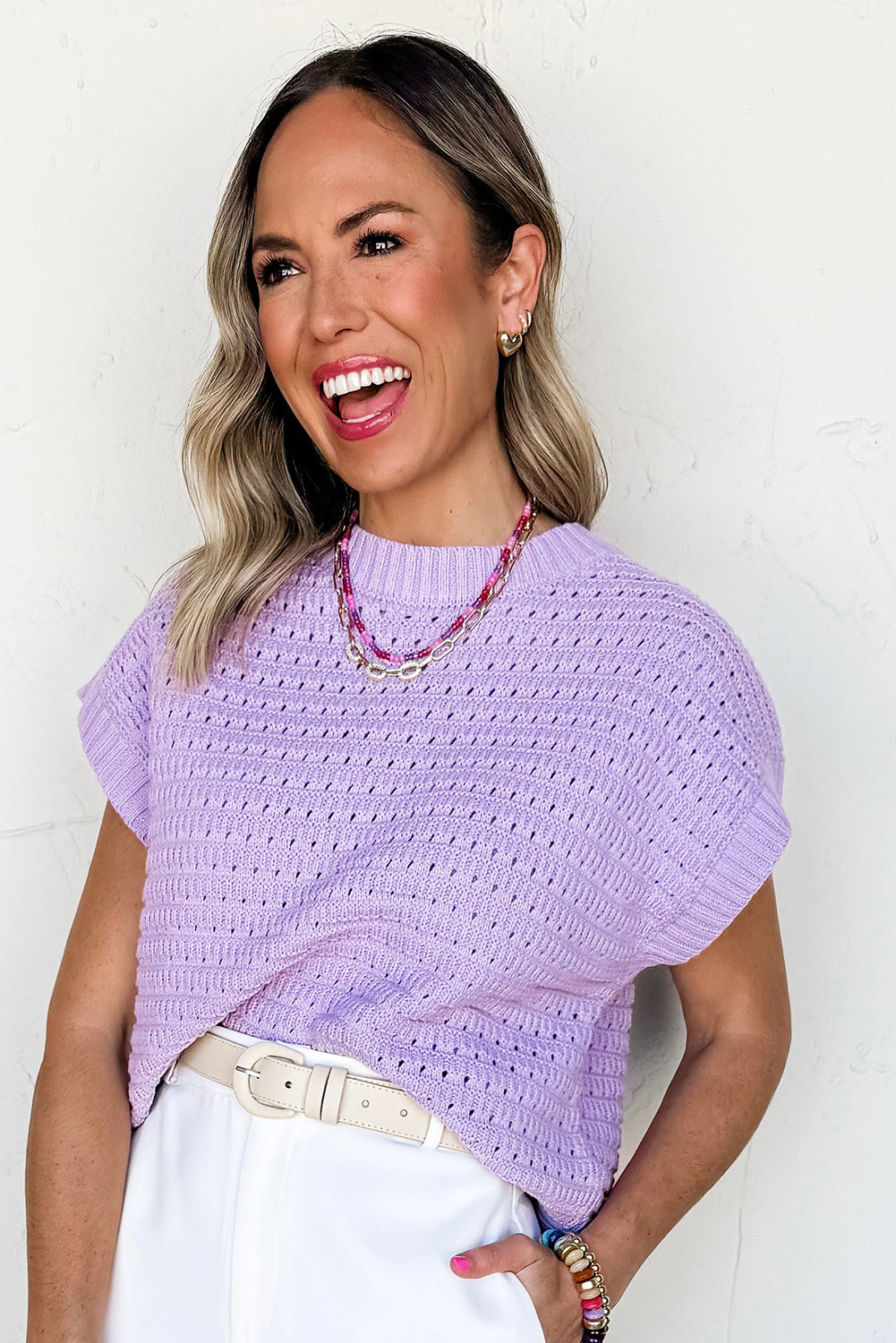 Lavender Pointelle knit Ribbed Trim Short Sleeve Sweater