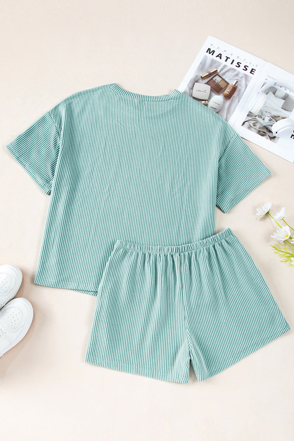 Iceland Blue Ribbed Textured Knit Loose Fit Top and Shorts Set