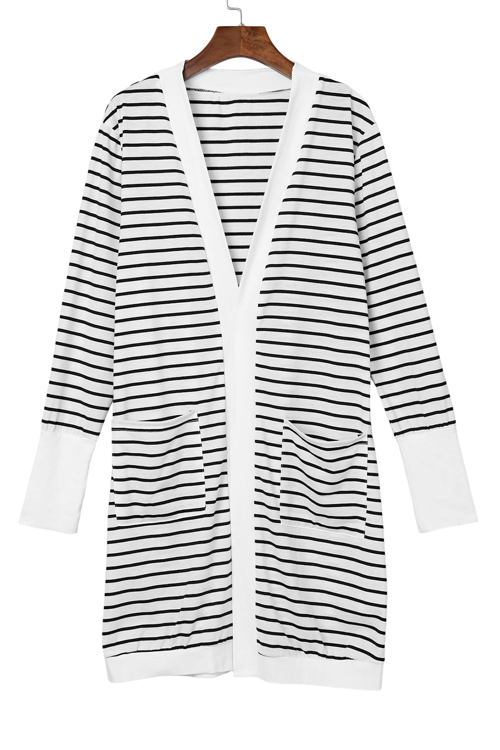 White Striped Side Pockets Open Front Cardigan