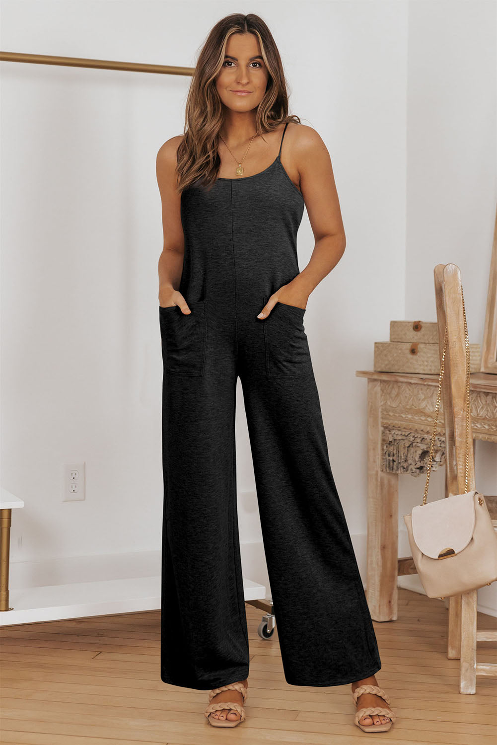 Black Patch Pockets Spaghetti Strap Wide Leg Jumpsuit