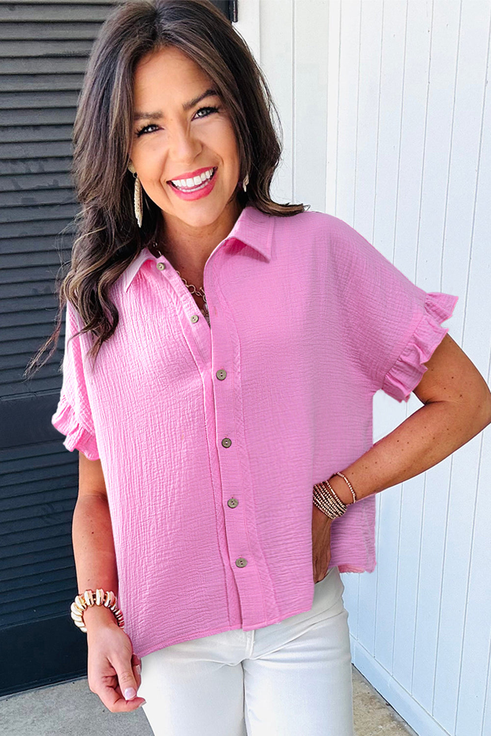 Bonbon Mineral Wash Textured Ruffle Trim Short Sleeve Top