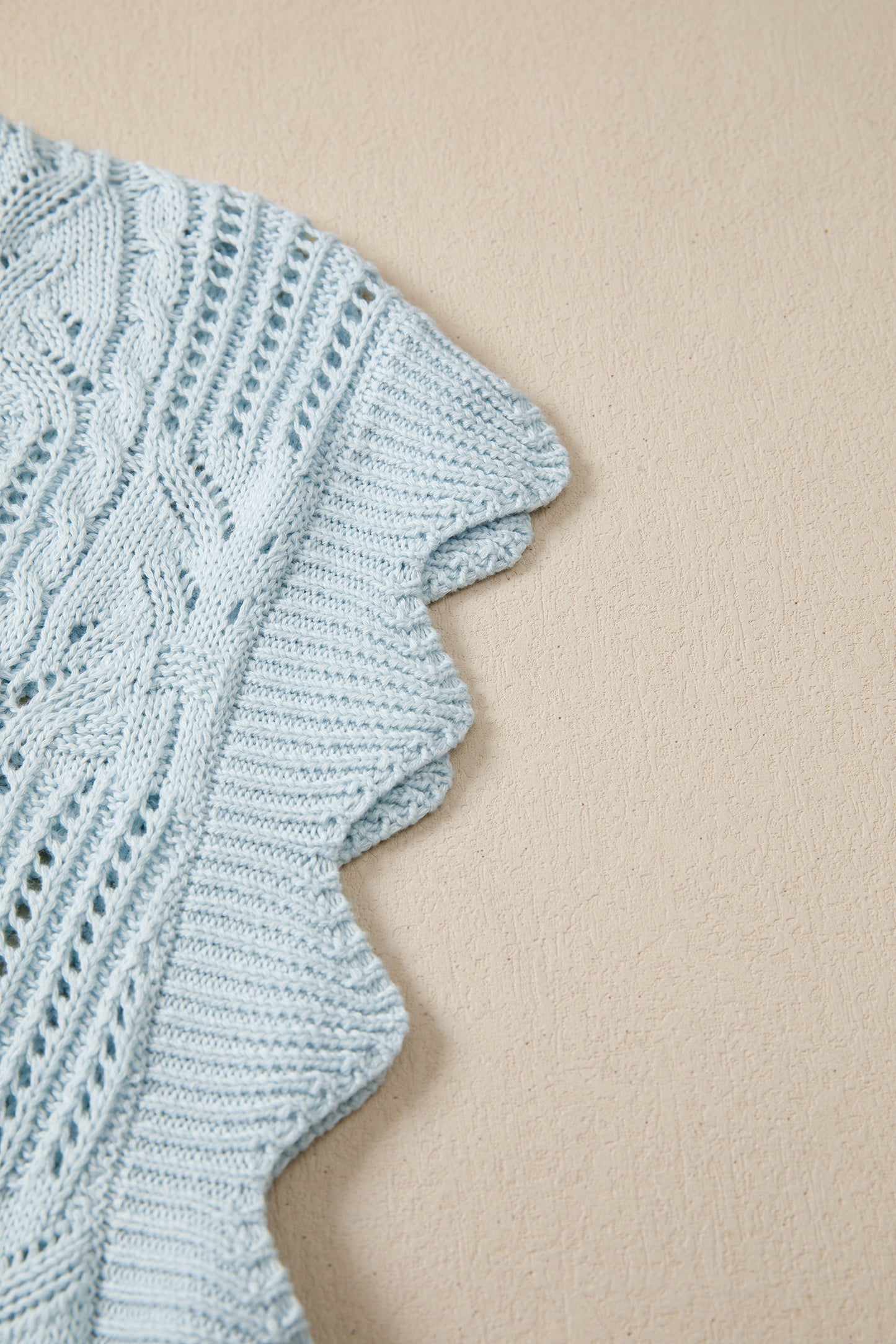 Lavendar Lane Blue Pointelle knit short sleeve sweater with scalloped trim, featuring a patterned design and lightweight fabric.