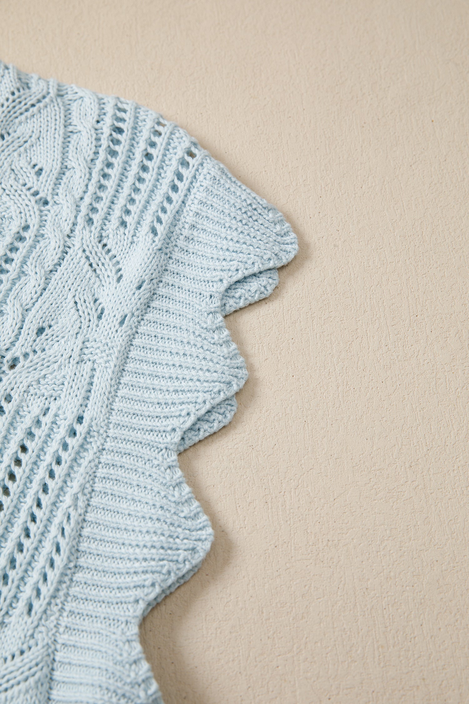 Lavendar Lane Blue Pointelle knit short sleeve sweater with scalloped trim, featuring a patterned design and lightweight fabric.