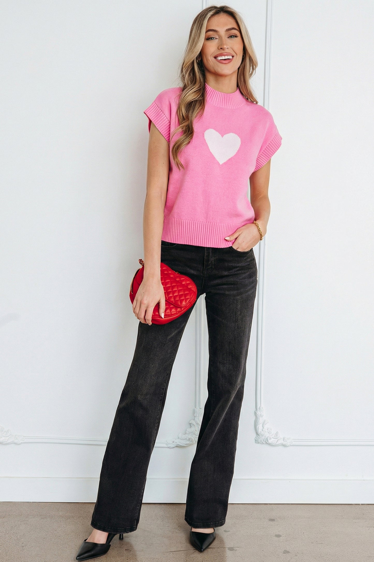 Pink Valentine heart graphic cropped short sleeve sweater by Lavender Lane Clothing, featuring a playful heart design on soft fabric.