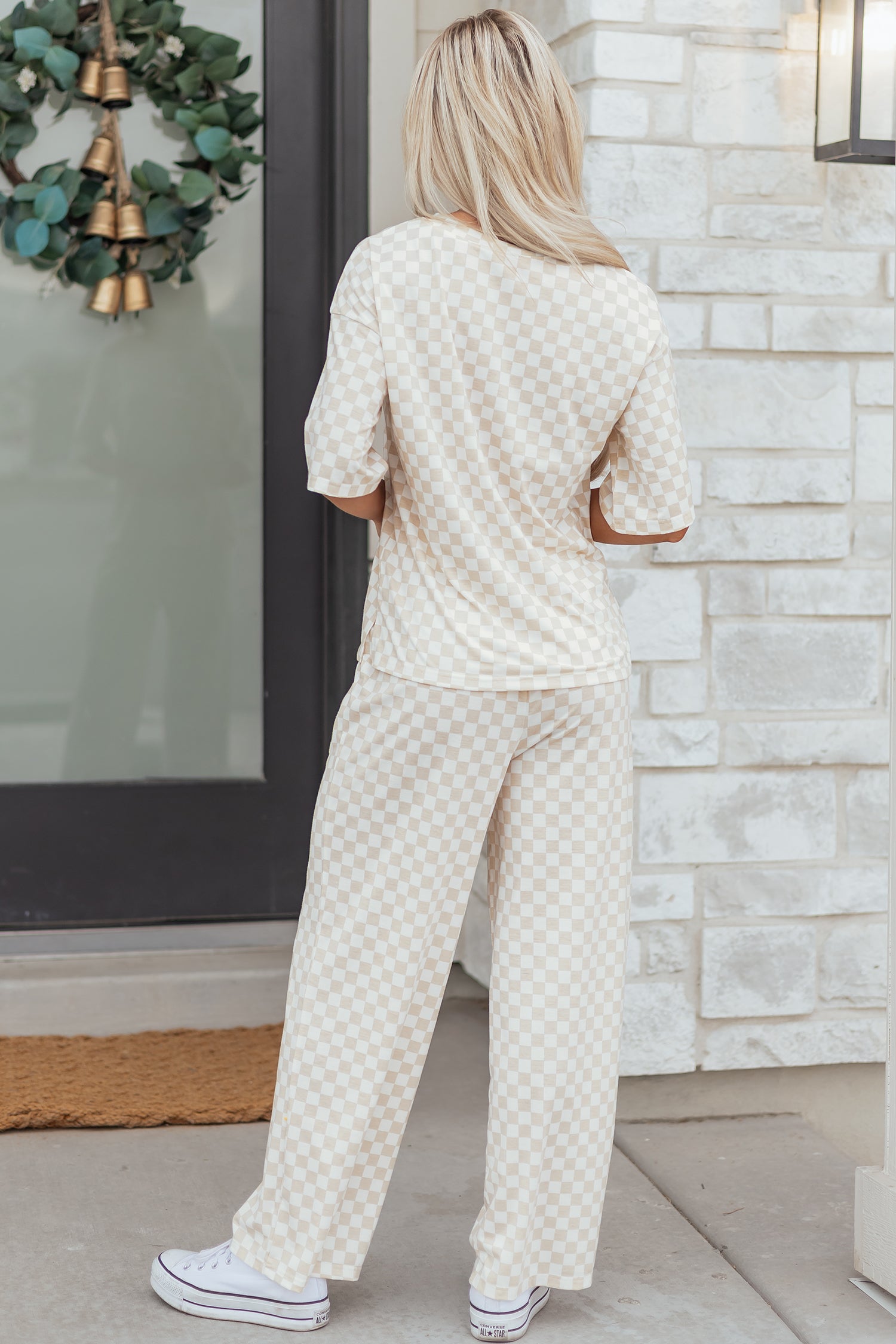 Lavendar Lane Clothing khaki checkered print half sleeve tee and lounge pants set, casual loungewear and sleepwear for relaxed comfort