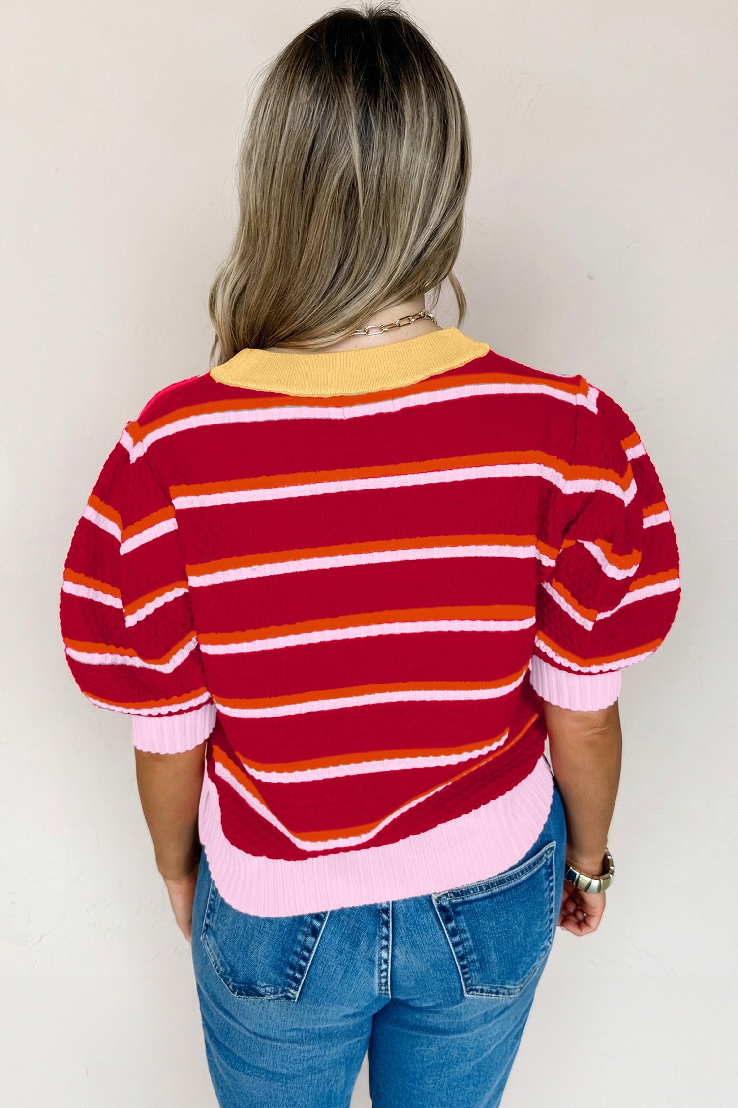 Lavendar Lane Clothing red stripe colorblock trim half sleeve sweater top with short sleeves, stylish and comfortable for casual wear.