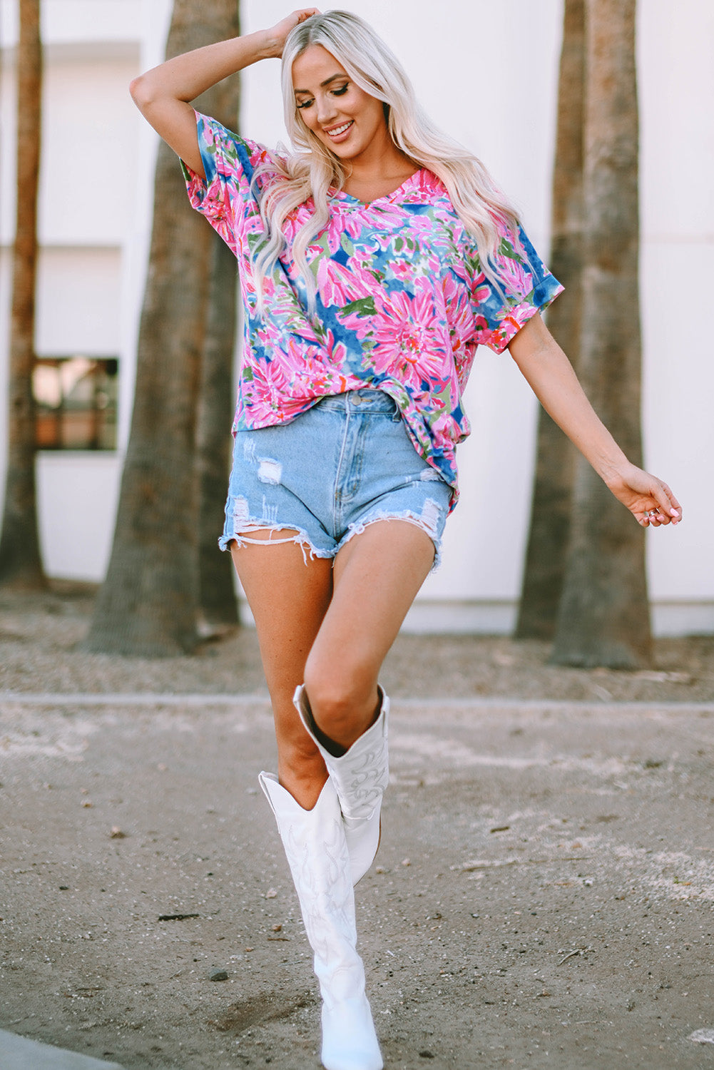 Pink Floral Print Loose Fit V Neck Top