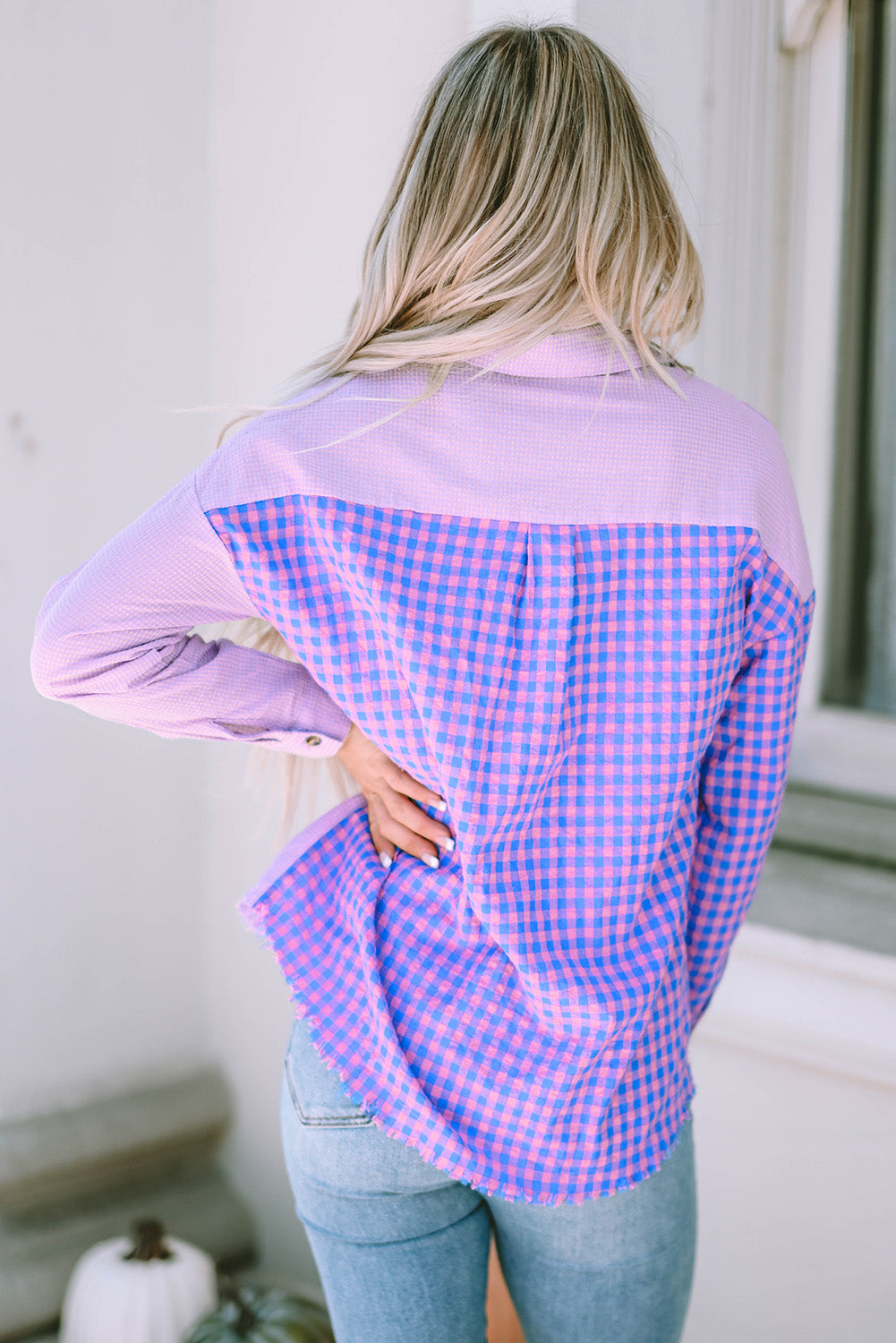 Purple Mixed Plaid Button Down Long Sleeve Chest Pocket Shirt