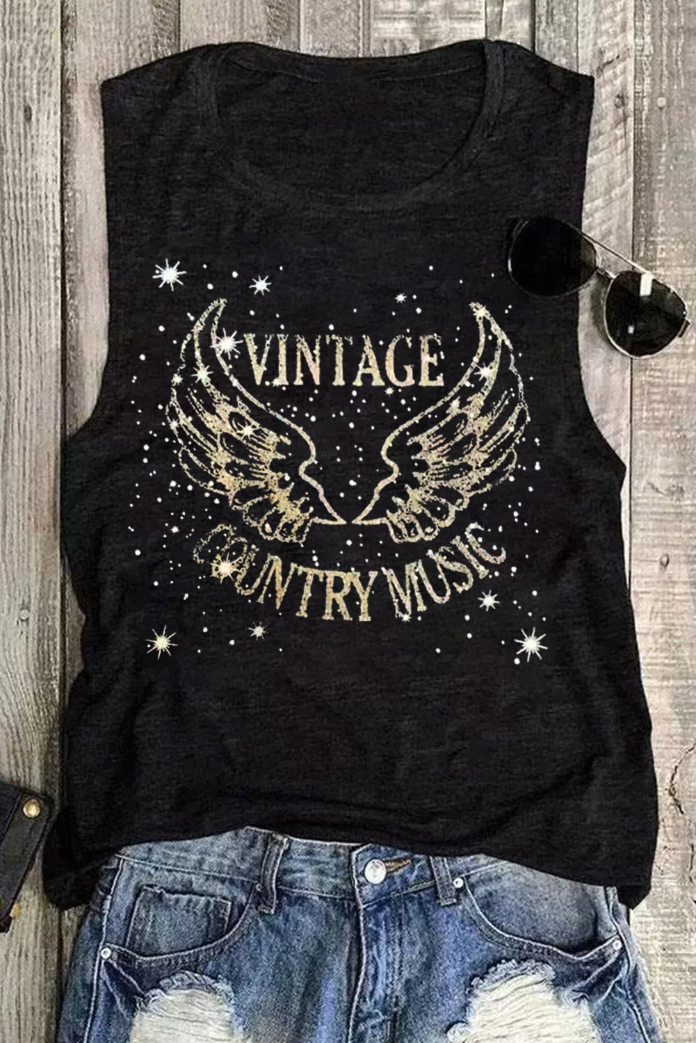 Black Vintage Country Music Wing Glitter Print Tank Top