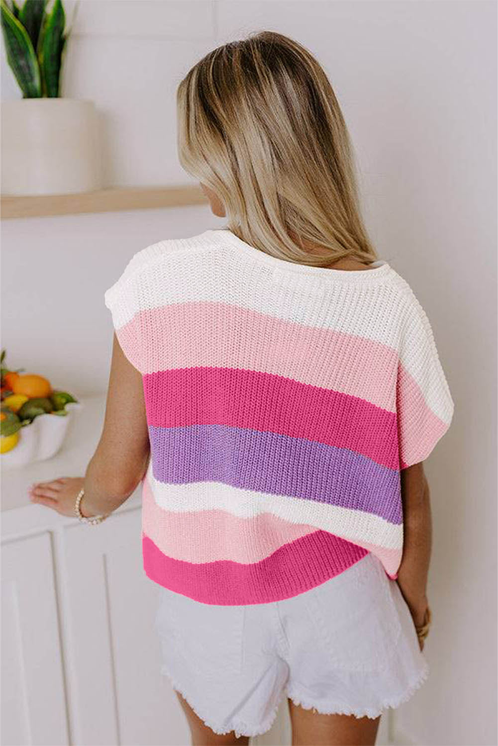 Pink Color Block Notch V Neck Sweater Top