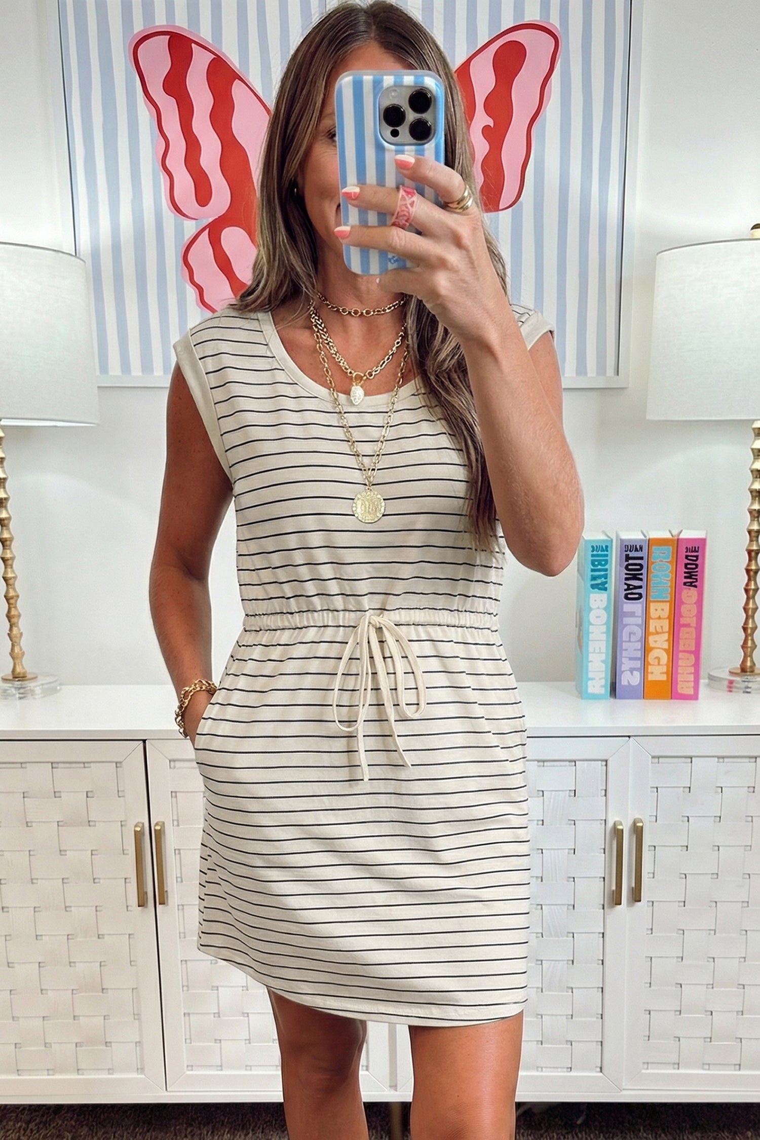 Beige stripe drawstring mini dress with pockets from Lavendar Lane Clothing, featuring a sleeveless tunic tank style.