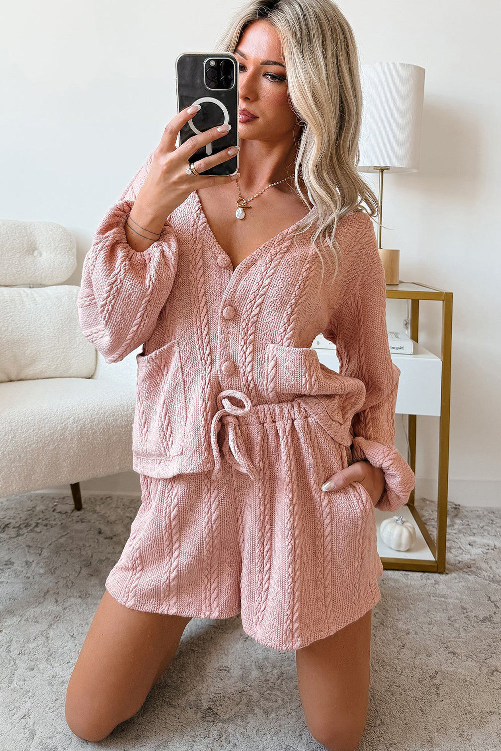Lavender Lane Clothing gossamer pink cable knit V-neck cardigan and shorts set, two-piece knit short set for casual wear.