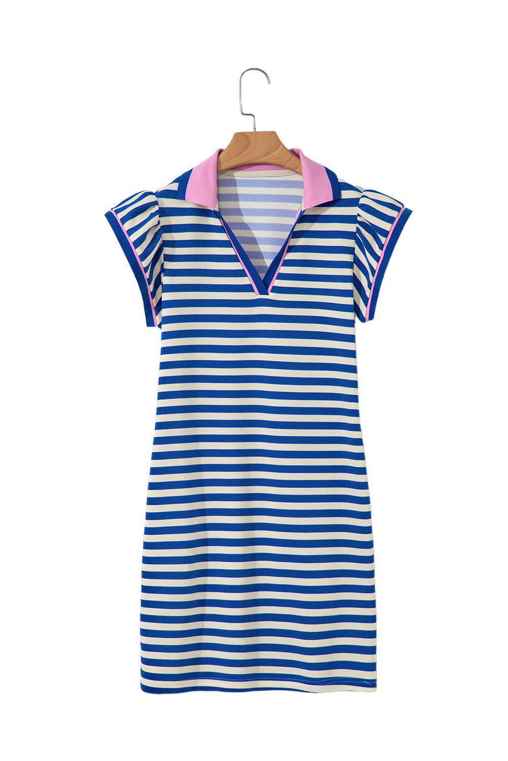 Dark blue stripe print mini dress with contrast collar, split neck, and flutter sleeves by Lavender Lane Clothing.