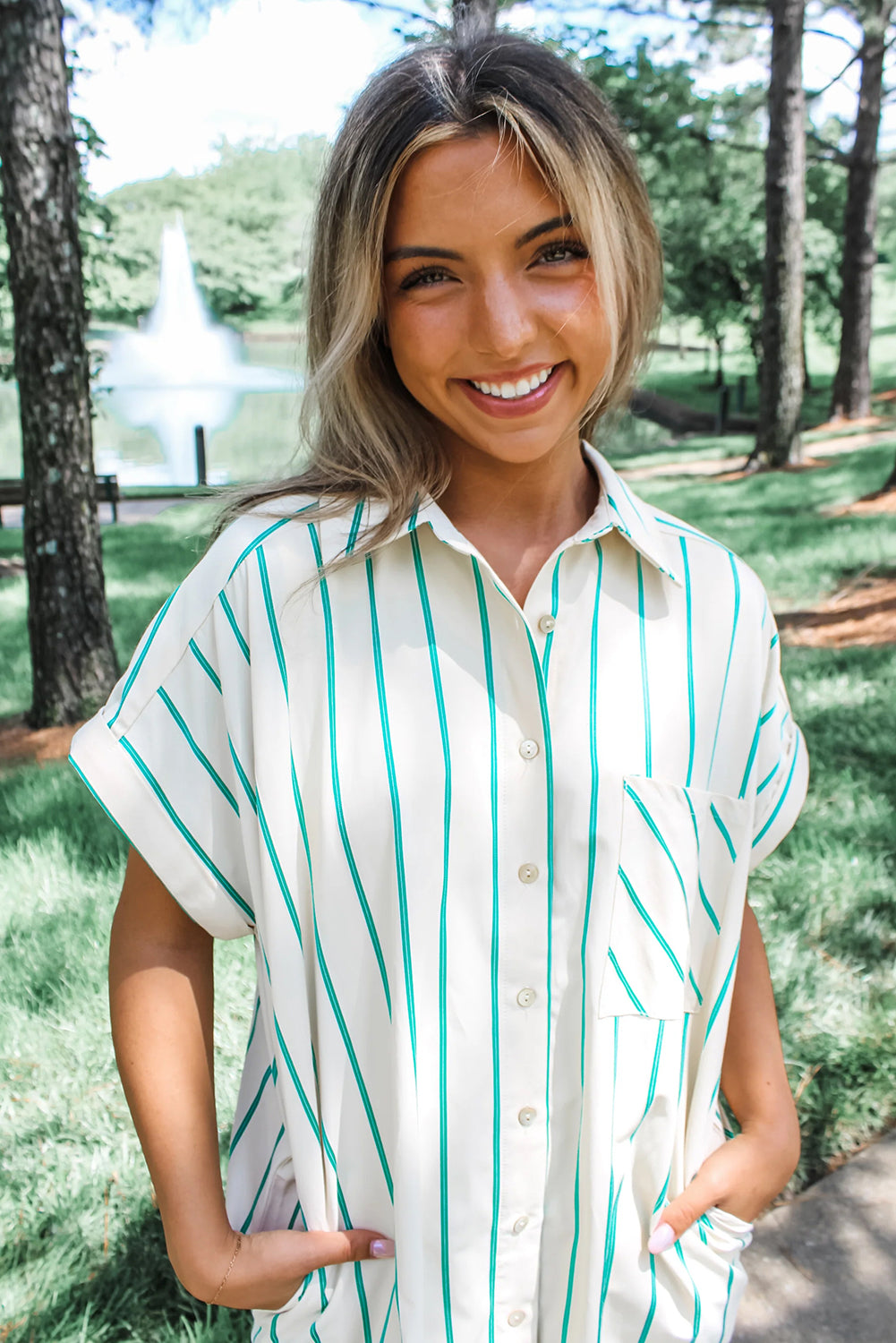 Mint Green Striped Wide Short Sleeve Shift Mini Shirt Dress