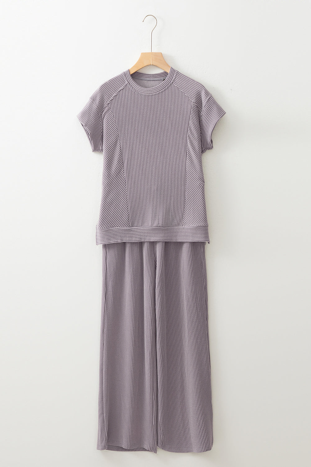 Wild Wind Solid Corded Knit Short Sleeve Top and Wide Leg Pants Set