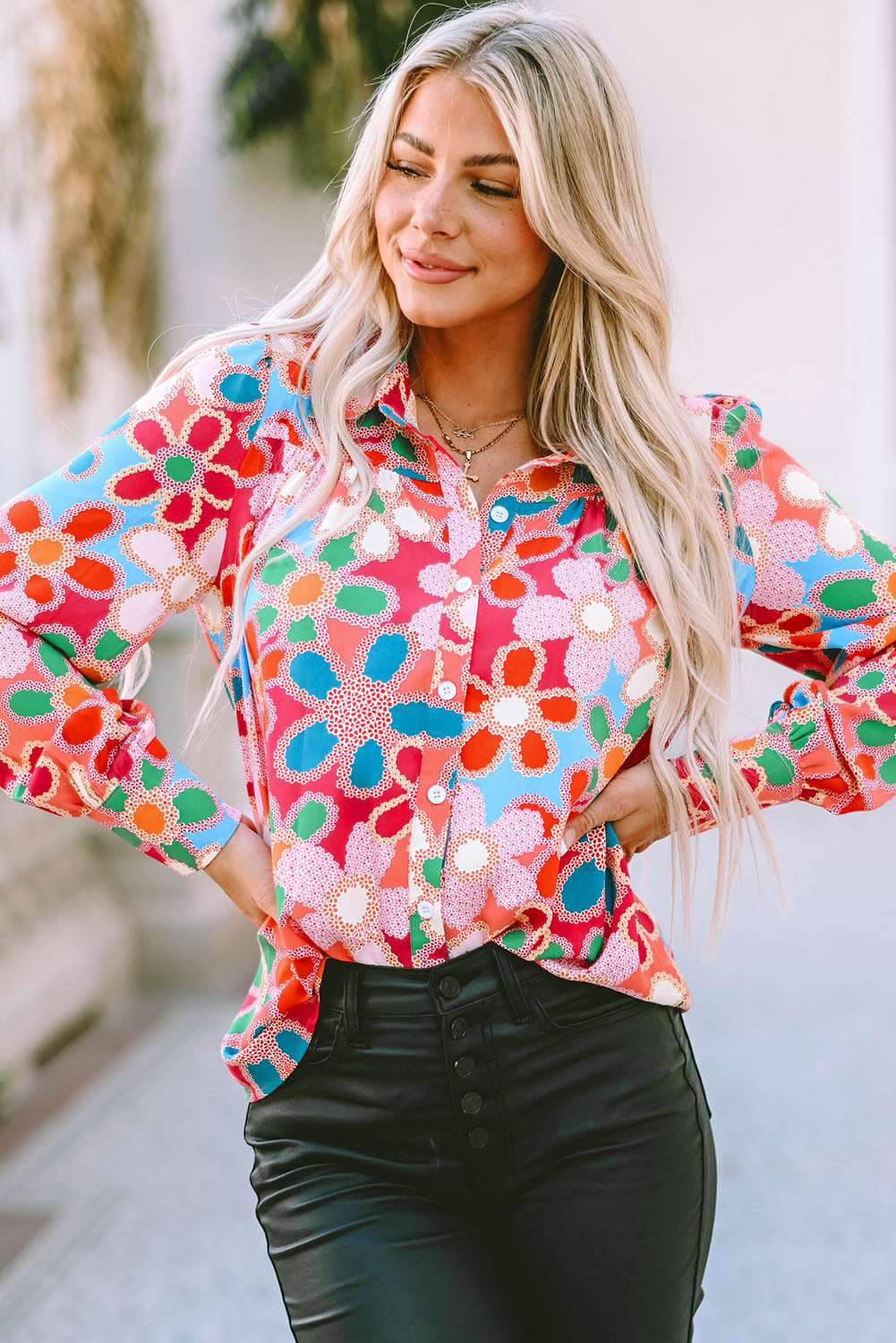 Multicolor Floral Print Bubble Sleeve Shirt