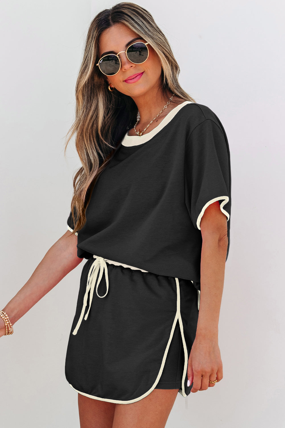 Black Colorblock Edge Drop Shoulder Top and Skort 2Pcs Set